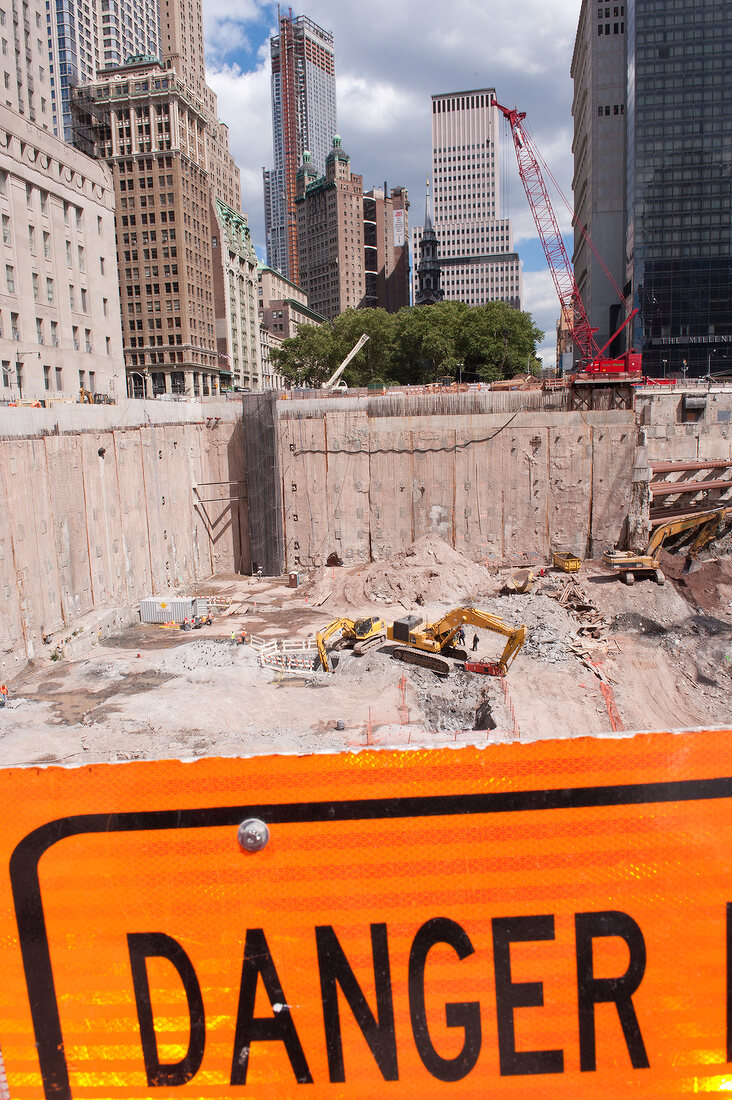 Sign boards at Ground Zero construction site in New York, USA