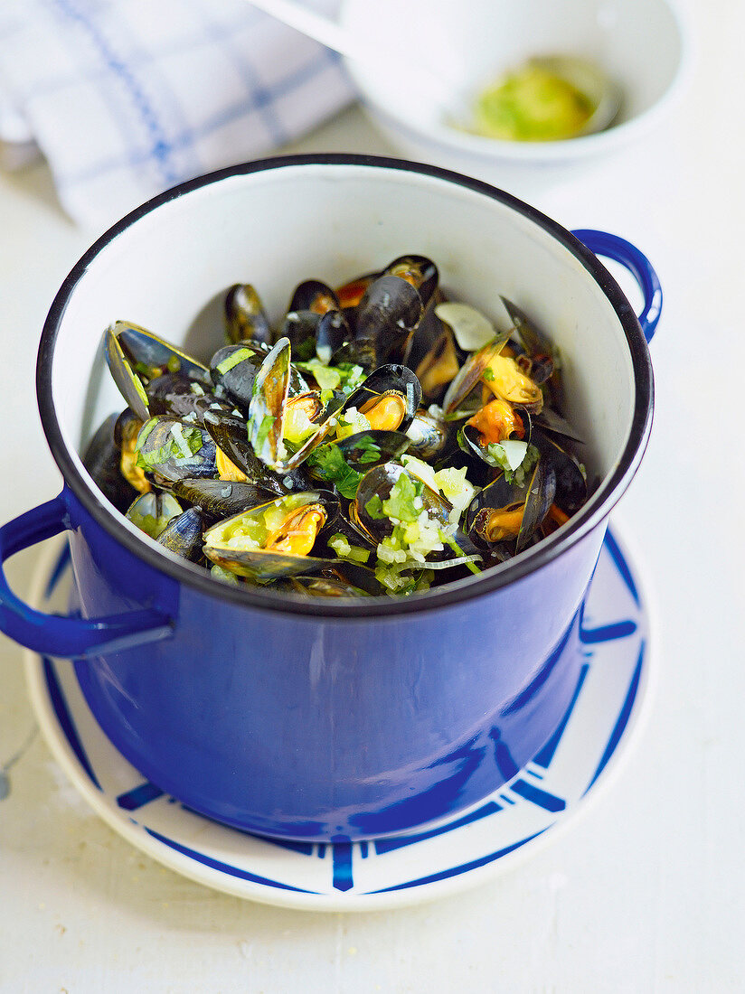 Mussels with parsley in blue pot, France
