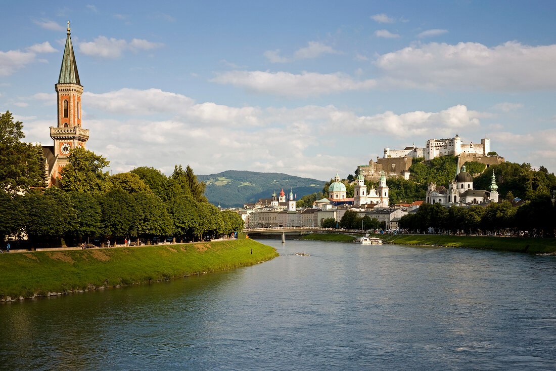 View of river Salzach and old town, Salzburg, Austria