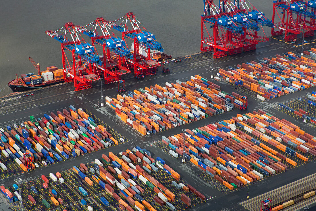 Elevated view of cranes and cargo containers at port in Bremerhaven, Bremen, Germany