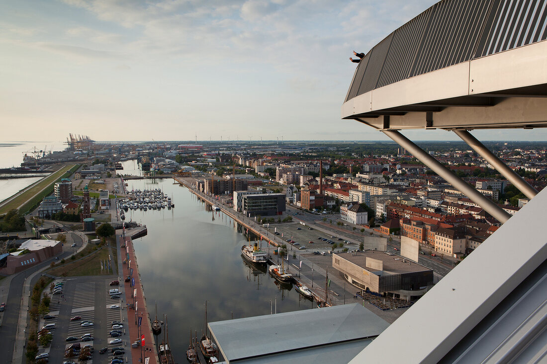 Elevated view of harbour and city from Atlantic Hotel Sail City in Bremerhaven, Germany