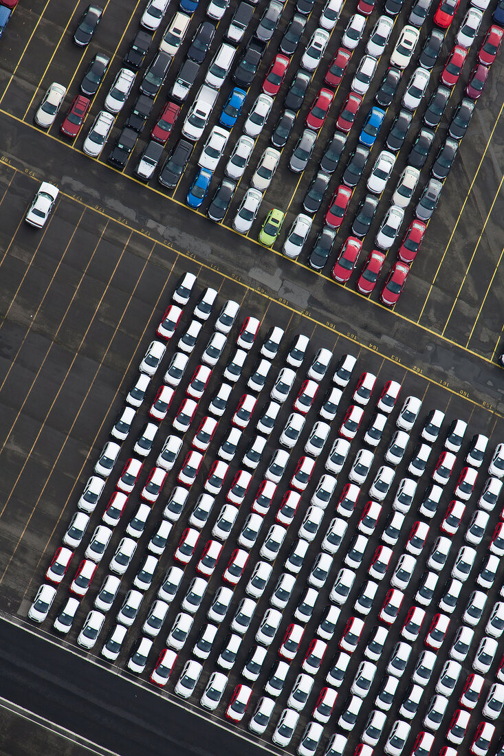 Aerial view of carks parked at Port, Bremerhaven, Germany