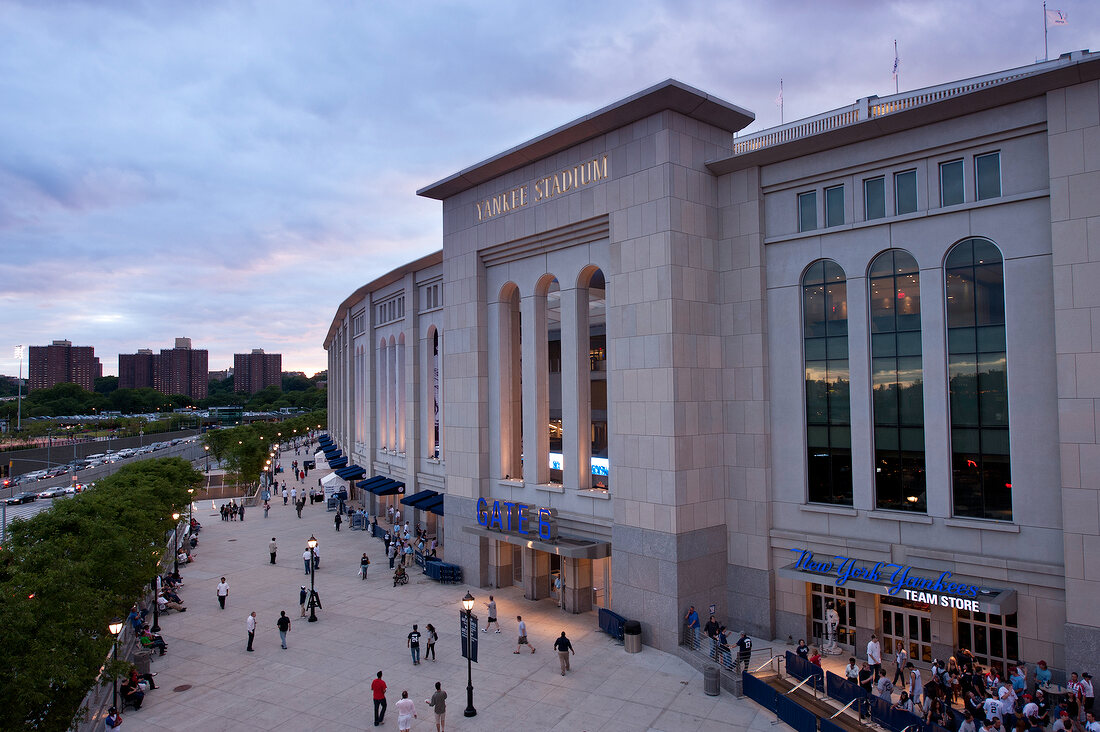 Elevated view of people at entrance of the Yankees stadium, New York, USA