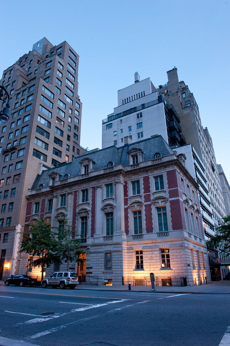 View of Neue Galerie New York museum at dusk, New York, USA