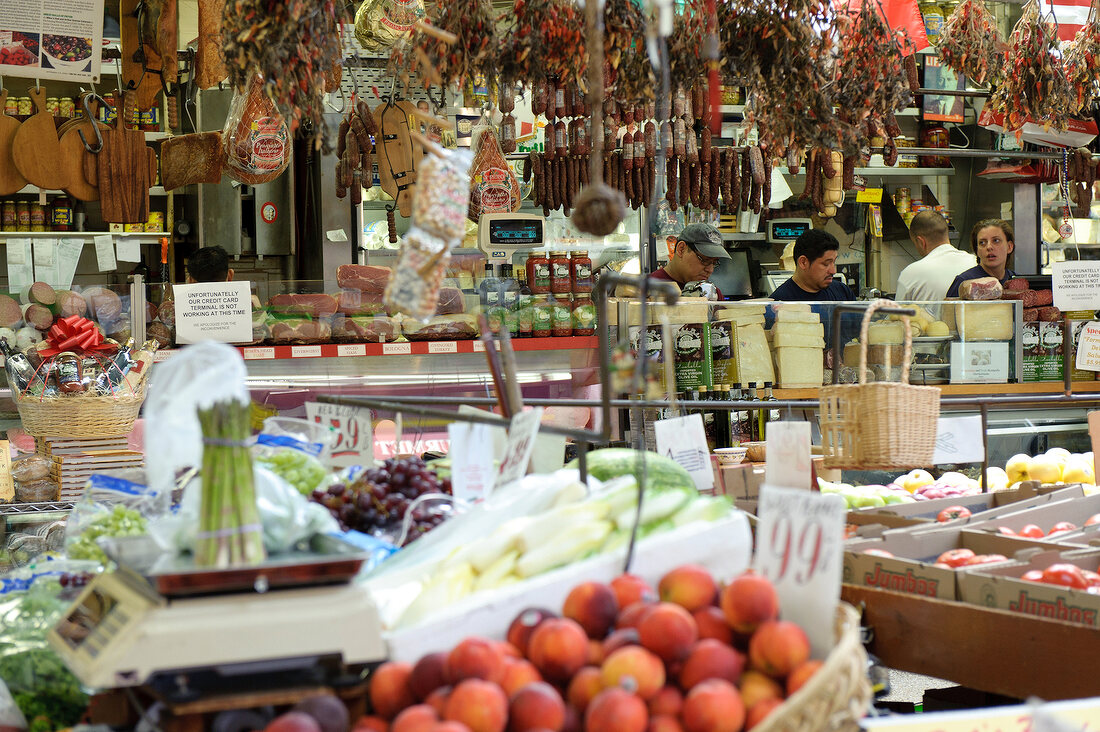 Shops at Italian market in The Bronx, New York, USA