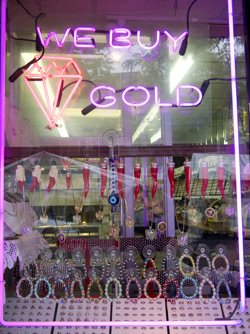 Window display at jewellery shop in Bronx, New York, USA