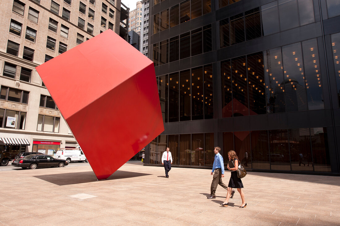 The Red Cube Sculpture at 140 Broadway, New York, USA