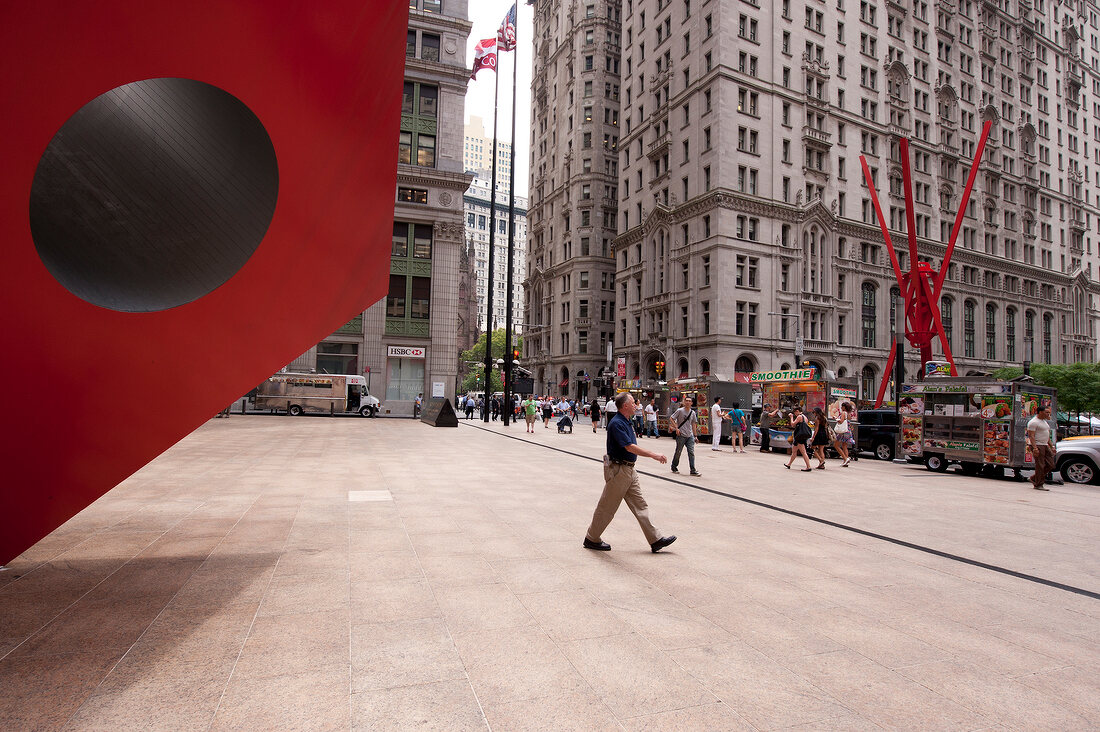 The Red Cube Sculpture at 140 Broadway, New York, USA