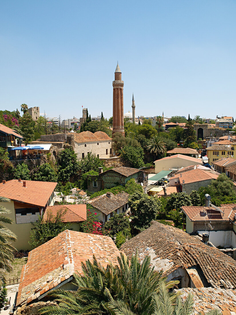 View of rooftops and Fluted Minaret Mosque, Antalya, Turkey