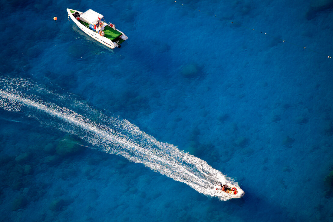 Boats in blue sea, Lycia, Antalya, Turkey, overhead view