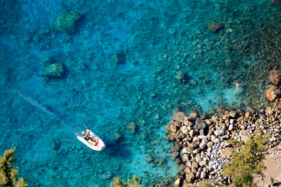 Boat in blue sea, Lycia, Antalya, Turkey, overhead view