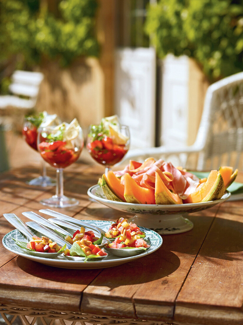 Fruity starters in serving dishes, France