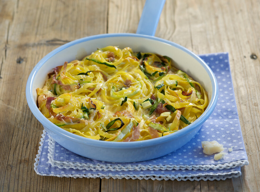 Zucchini noodles omelette in serving dish