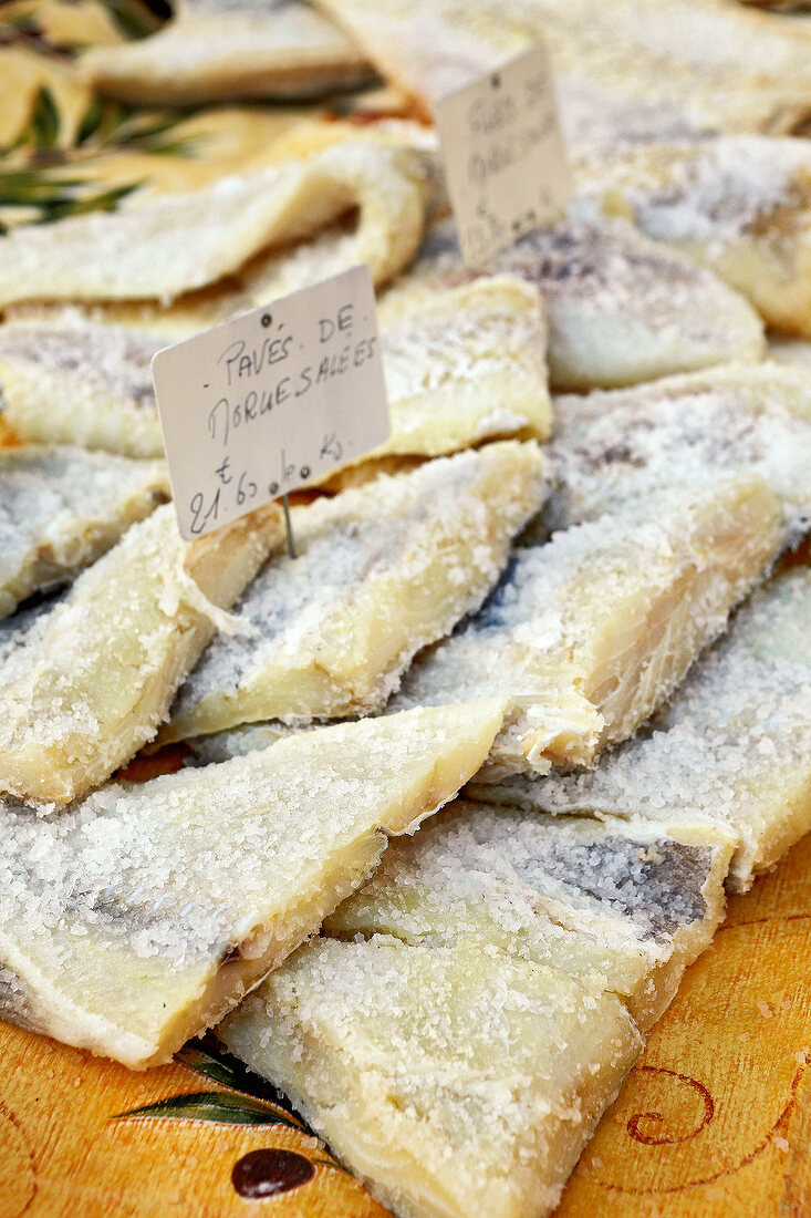 Close-up of stockfish in market stall