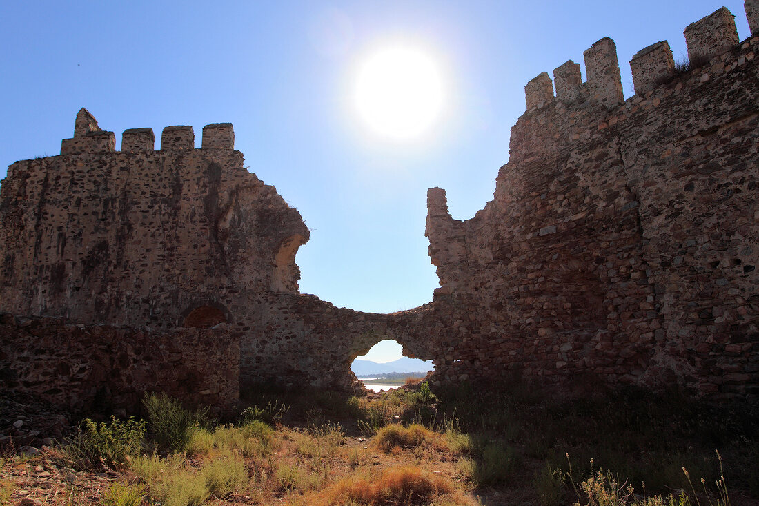 Bright sun over ruined Mamure Castle in Anamur, Antalya, Turkey