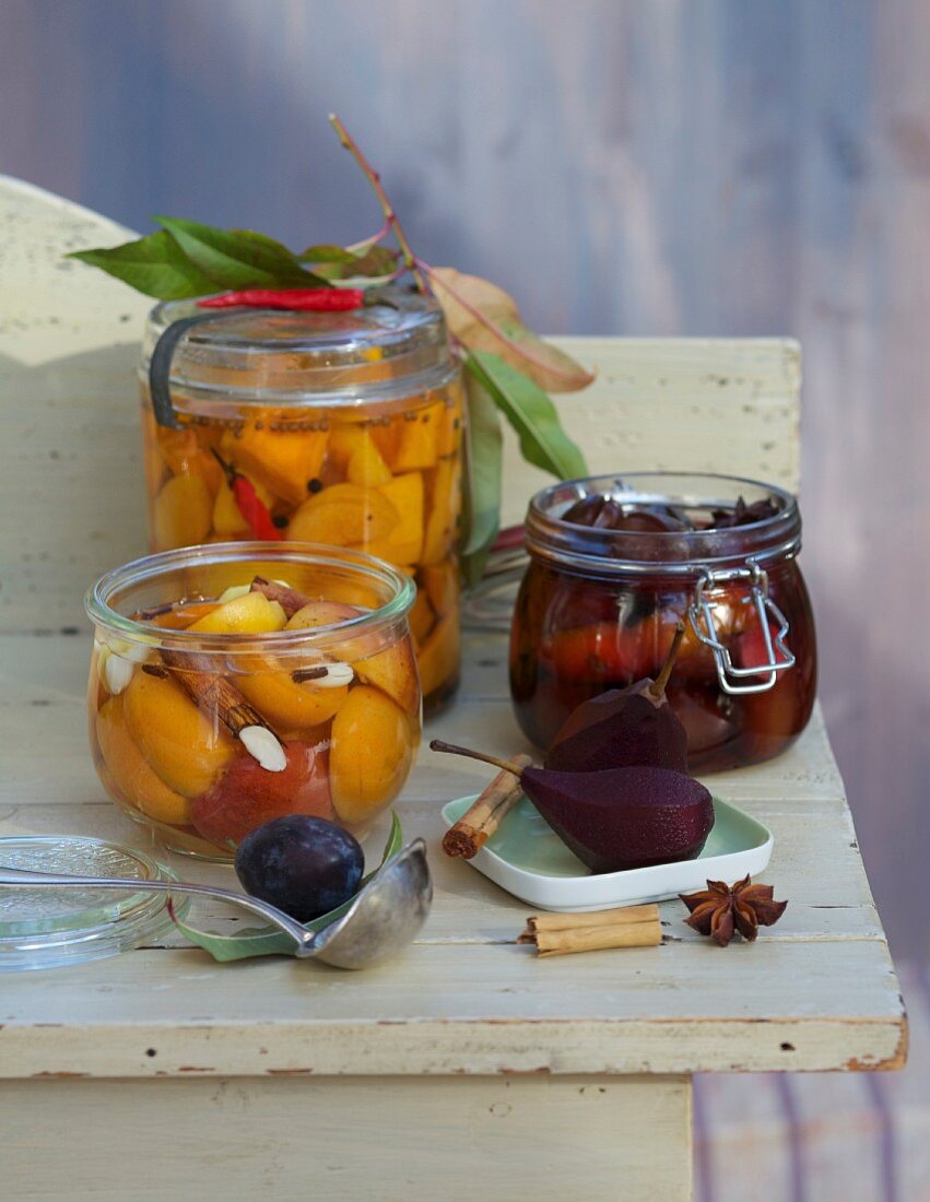 Jars of preserved fruit and vegetables