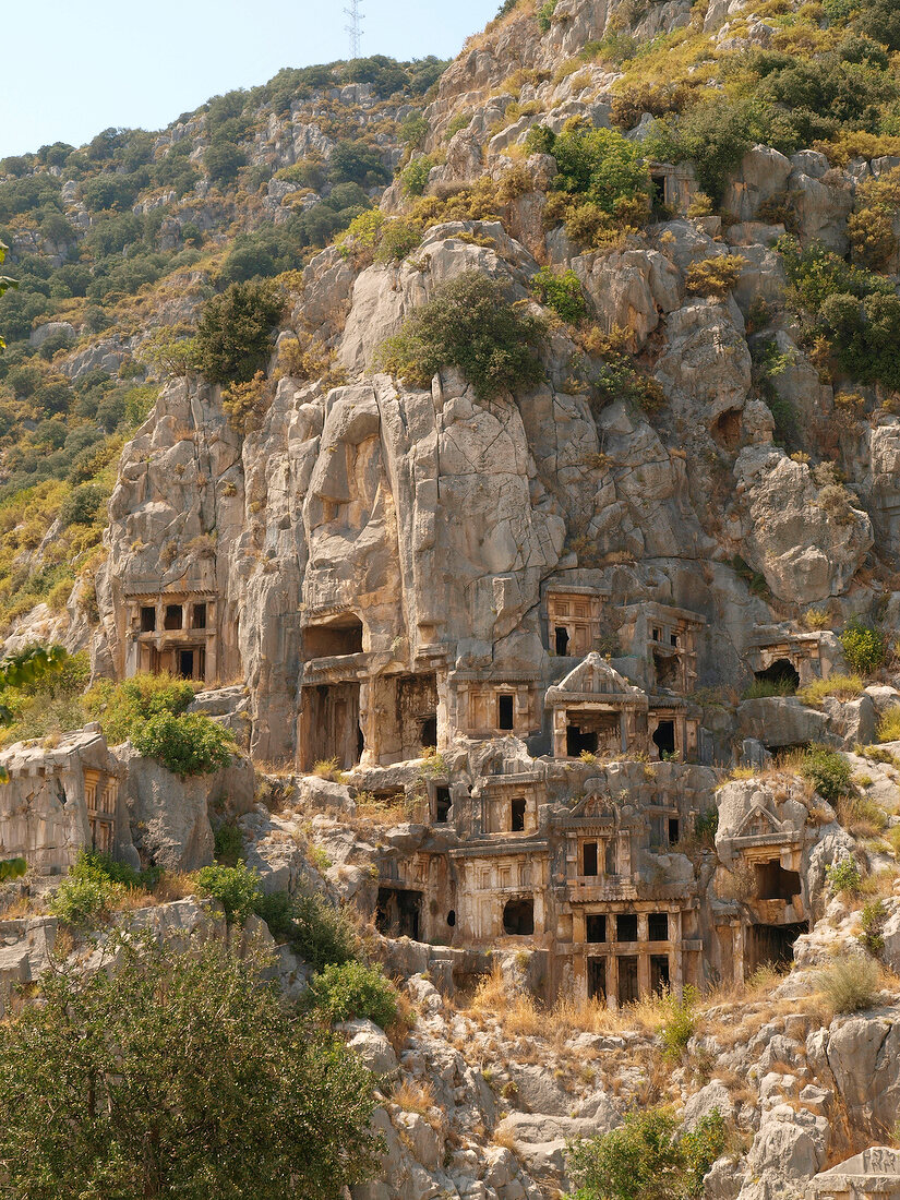 Low angle view of Rock tombs of Myra, Demre, Turkey