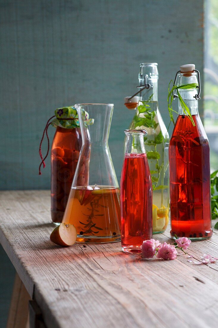 Various types of home-made vinegar in bottles