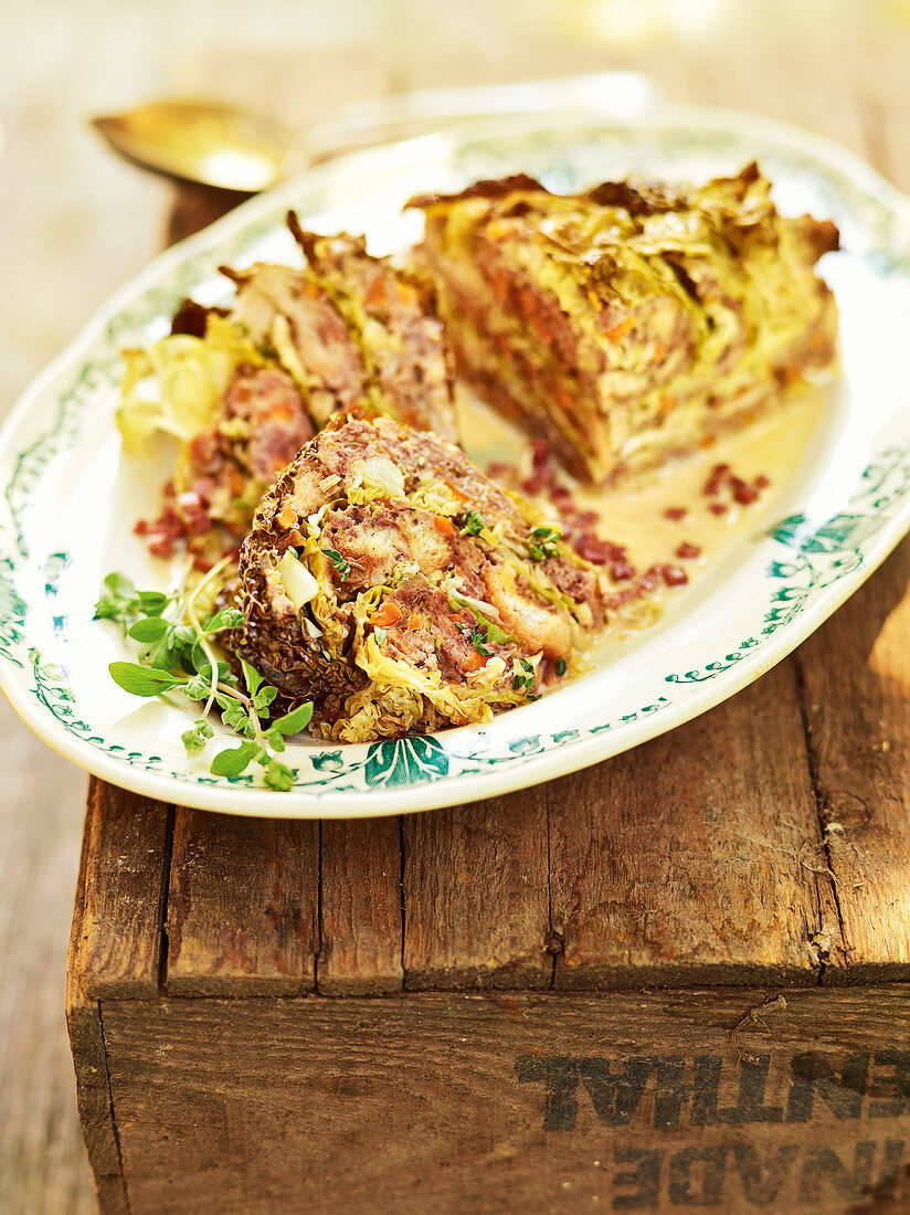 Stuffed cabbage in serving dish, France