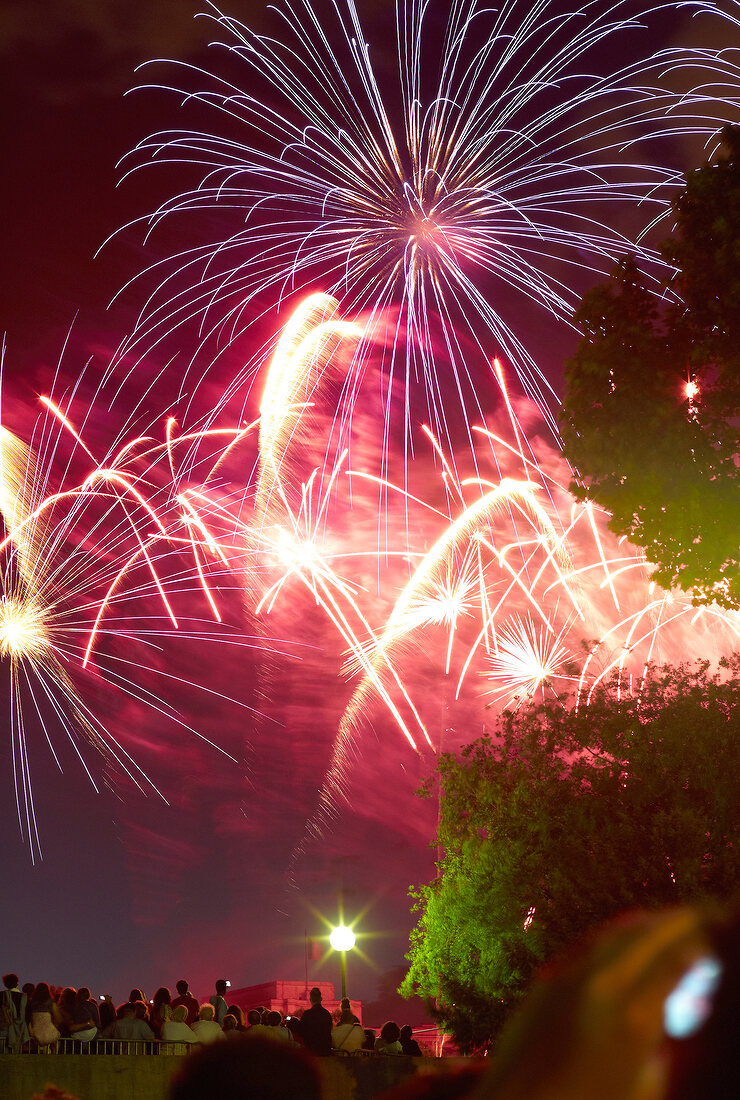 Fireworks in sky of Trocadero at night, Paris, France