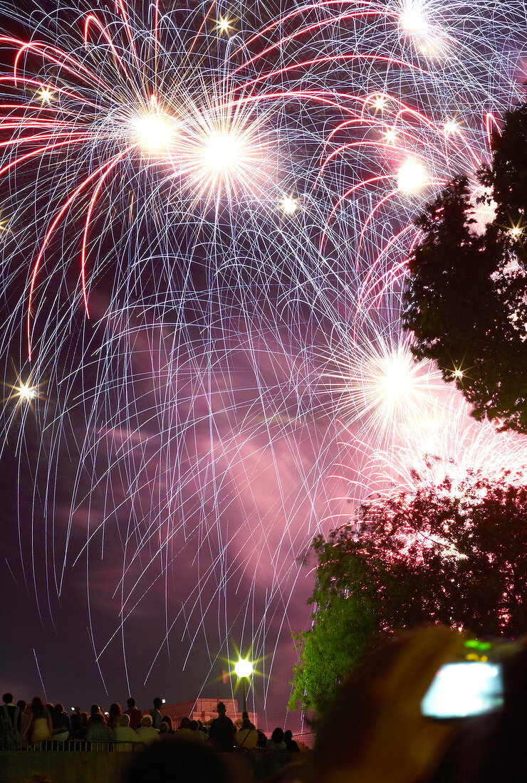 Fireworks in sky of Trocadero at night, Paris, France