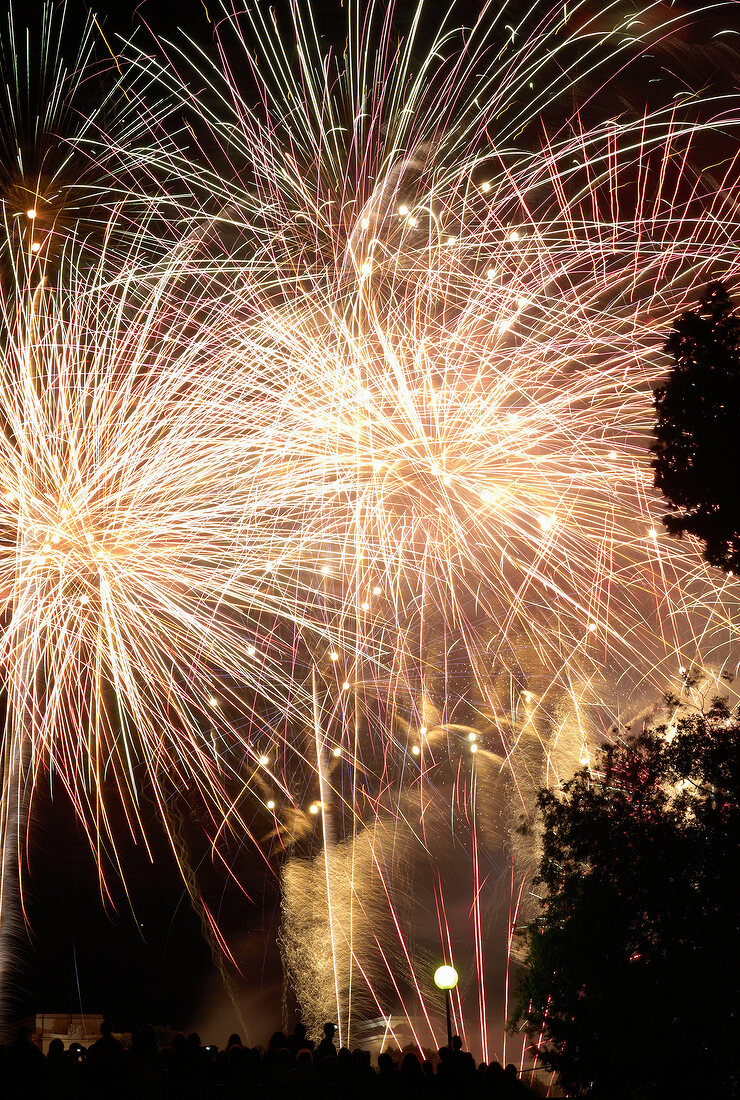 Fireworks in sky of Trocadero at night, Paris, France