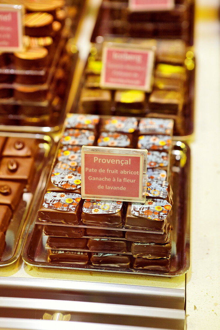 Close-up of chocolates on display