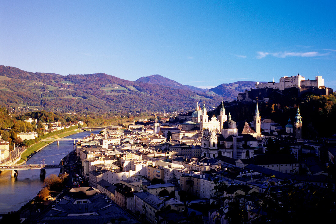 Aerial view of Salzach river and old town, Salzburg, Austria