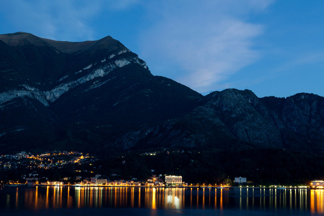 View of Lake Como and Tremezzo at night, Como, Lombardy, Italy