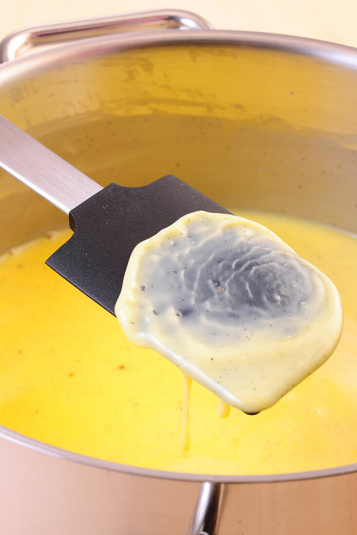 Close-up of mixture on spatula for preparation of chocolate ice cream, step 3