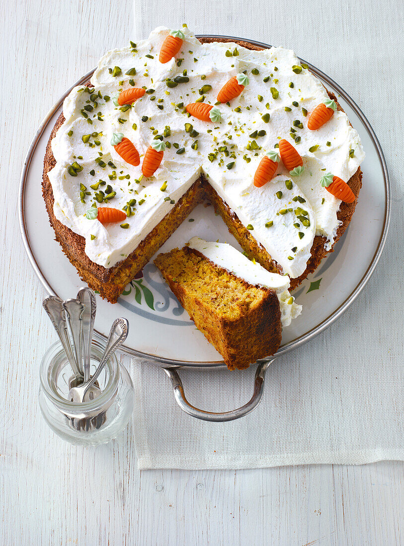 Carrot cake with lime cream in serving dish