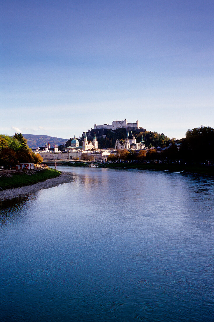 View of river Salzach and old town, Salzburg, Austria