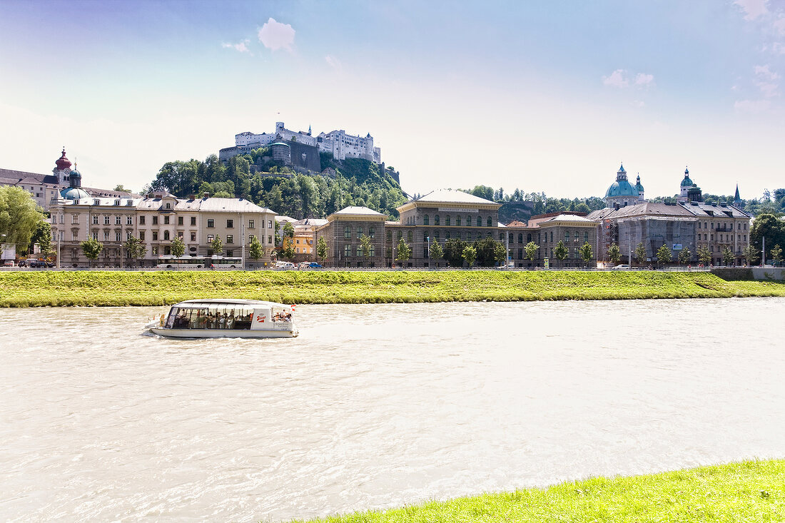 View of Salzach river and old town, Salzburg, Austria