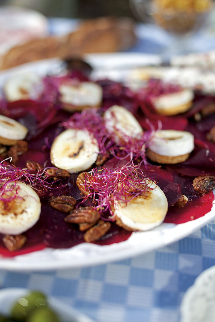 Close-up of beetroot salad with goat cheese
