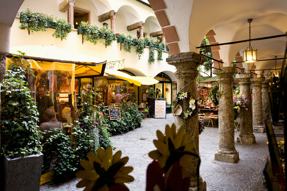 View of bakery and flower shop at Salzburg, Austria