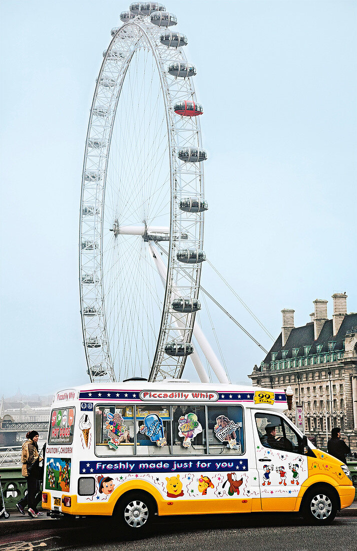 Mini bus in front of London Eye, London
