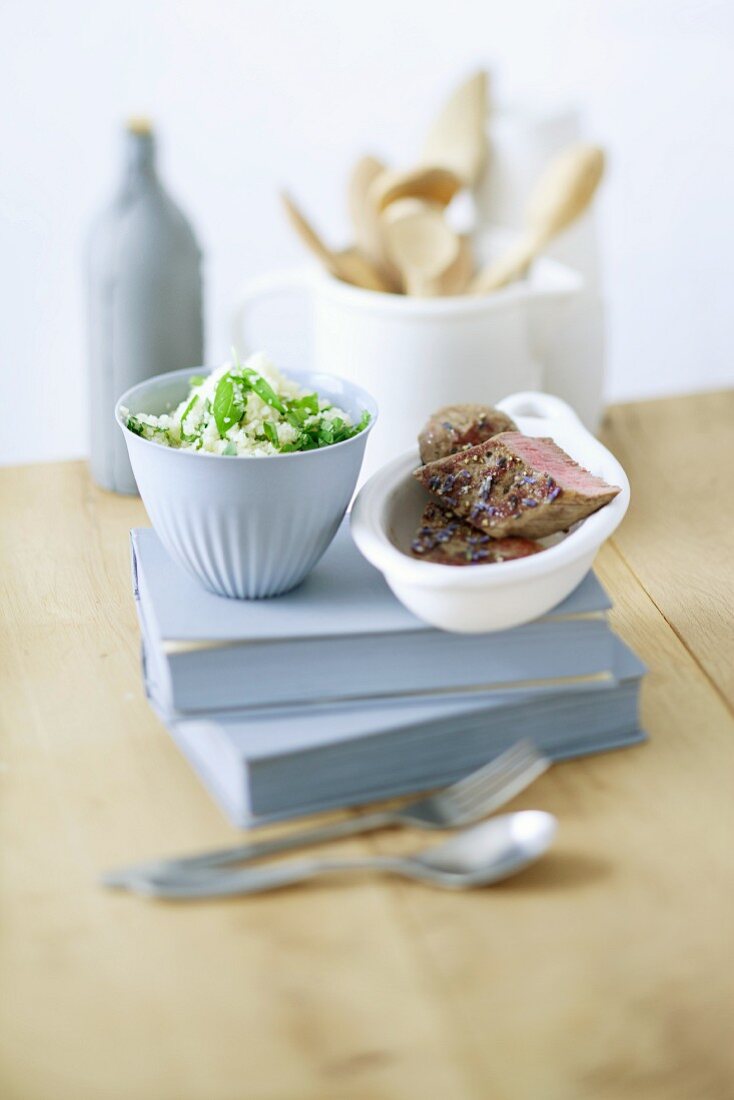 Lamb fillet with a lavender and honey marinade and herb couscous