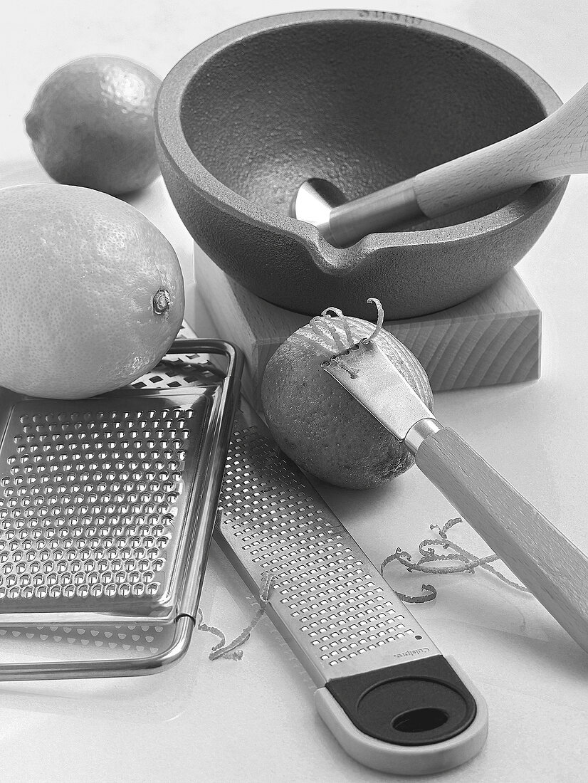 Various equipments and ingredients for making sauce, black and white