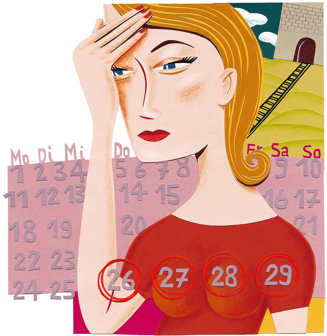 Illustration einer Frau mit Kopfschmerzen aufgrund PMS