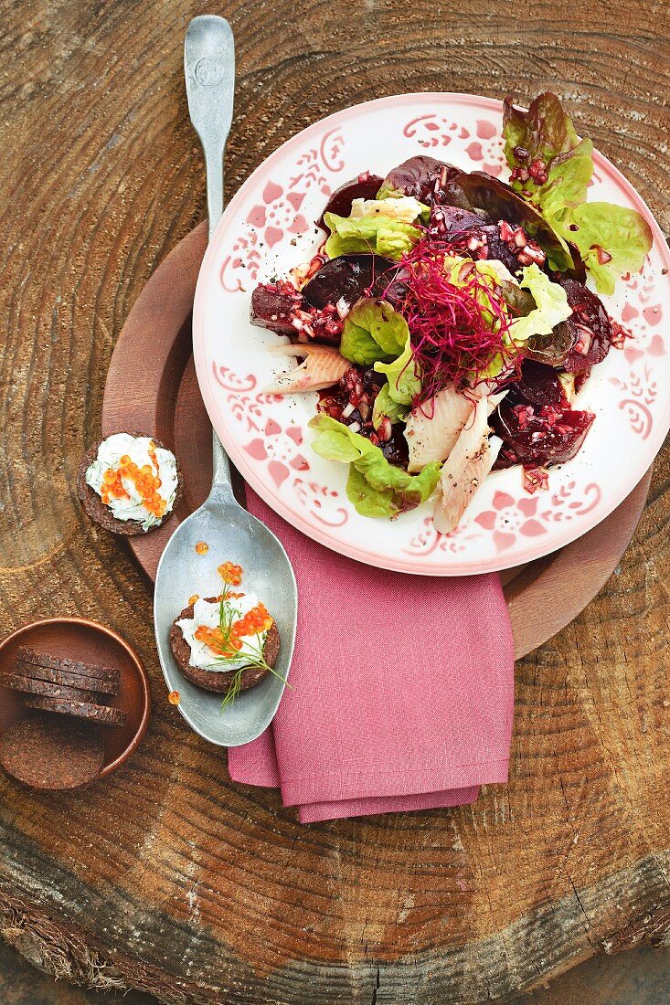 Eichblattsalat mit Roter Bete und Räucherforelle