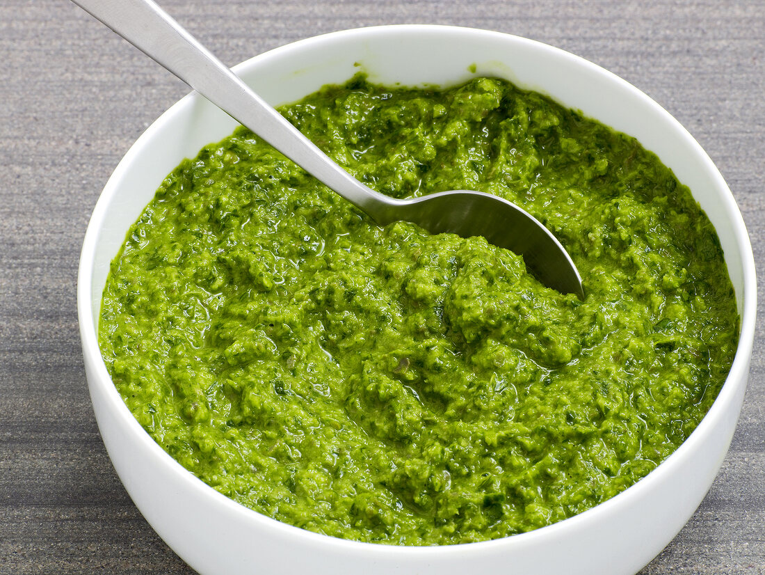 Close-up of thickened herb sauce, step 2