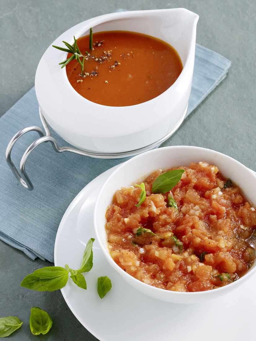 Close-up of tomato sauce and tomato concasse in bowls