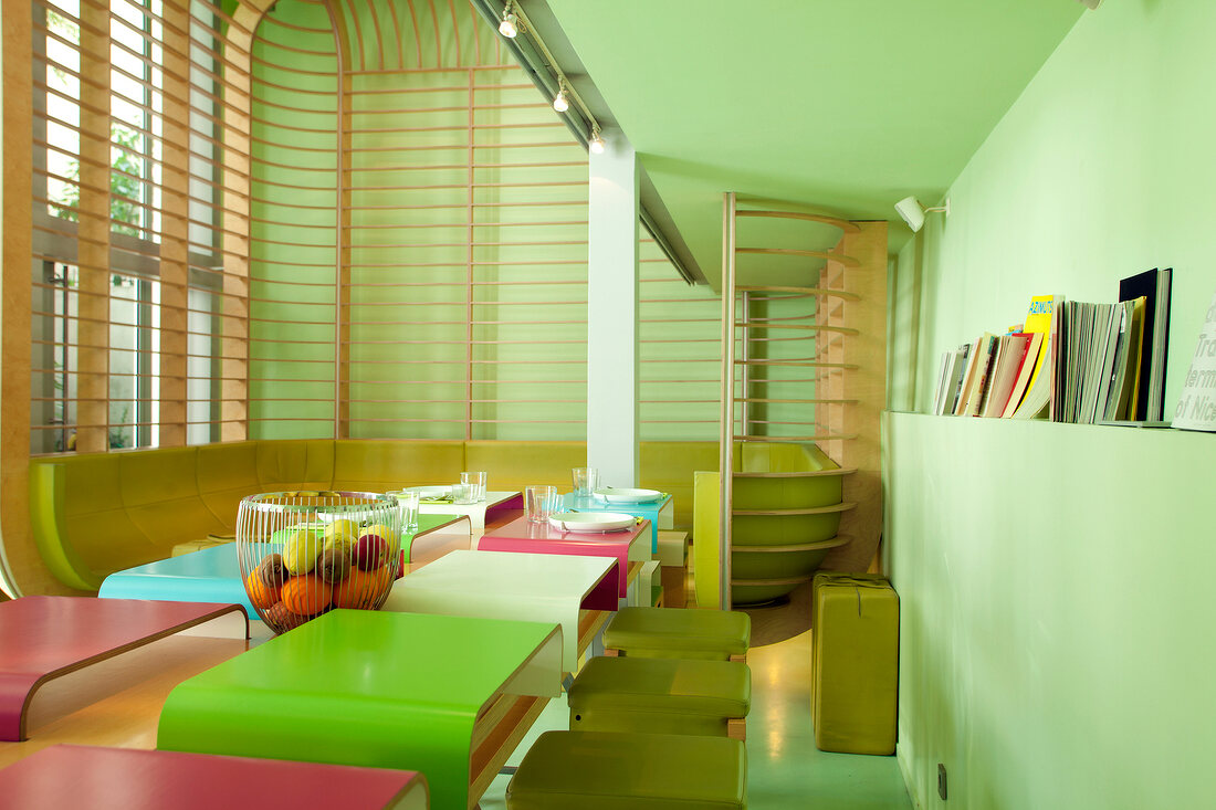 Green interior of Restaurant Hi, Nice, France