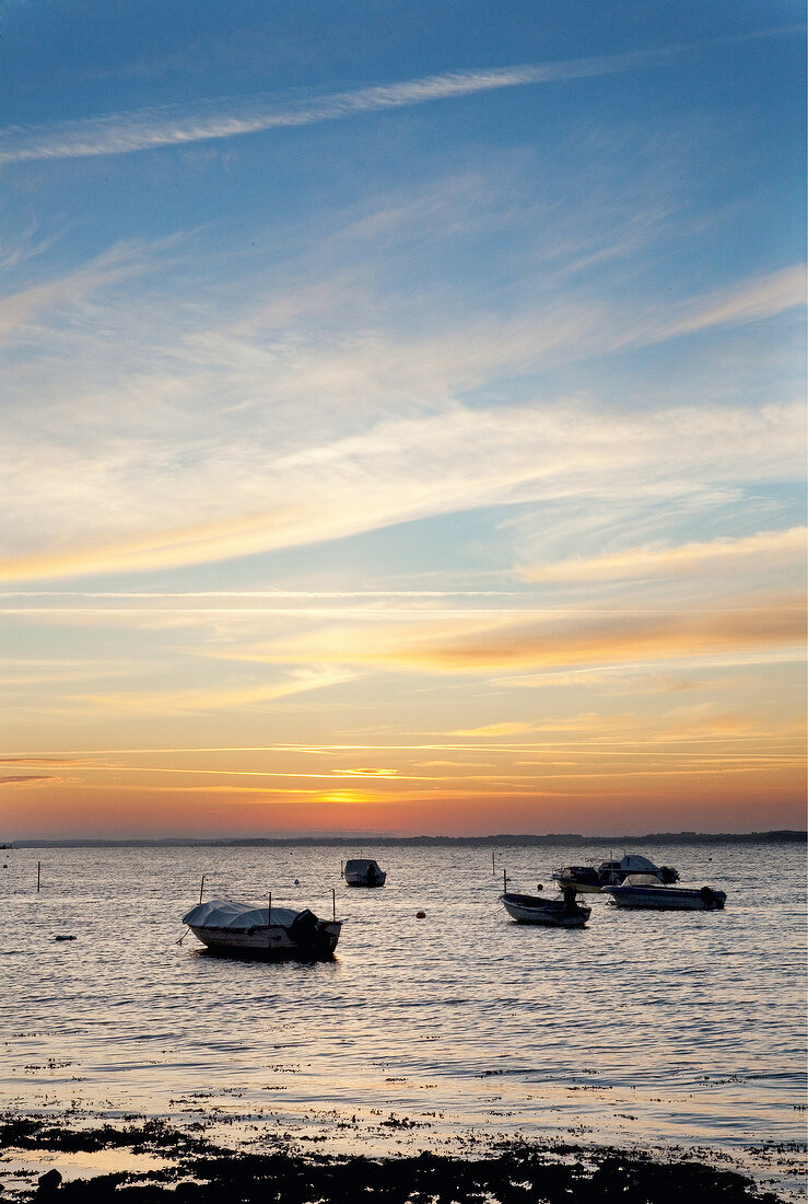 View of boats in Baltic Sea coast at sunset, Habernis