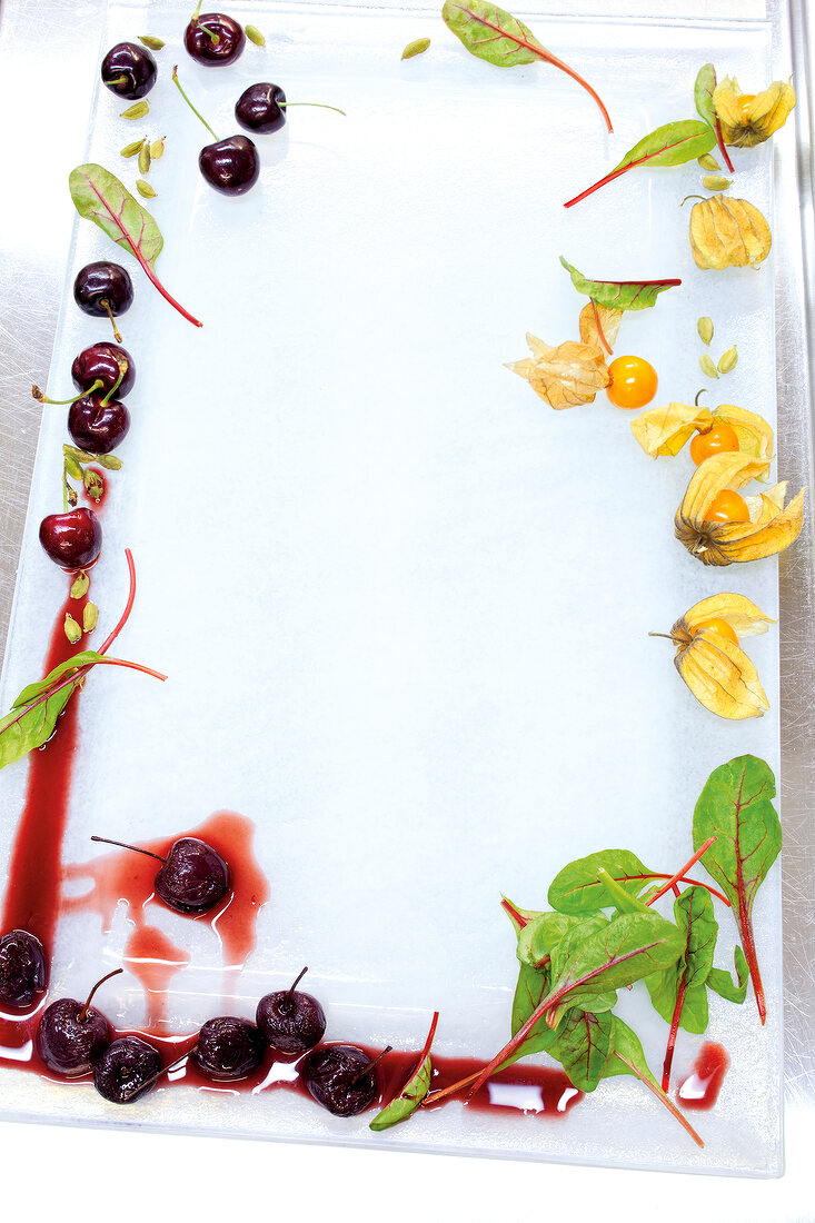 Cardamom cherries, swiss chard and physalis