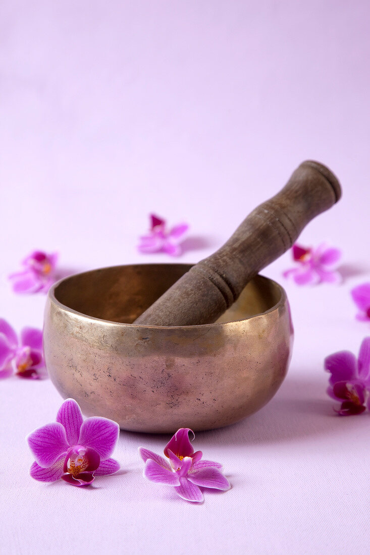 Close-up of mortar and pestle with flowers around on pink background