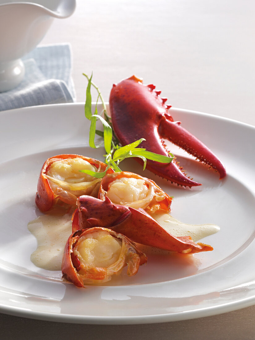 Close-up of braised lobster on plate