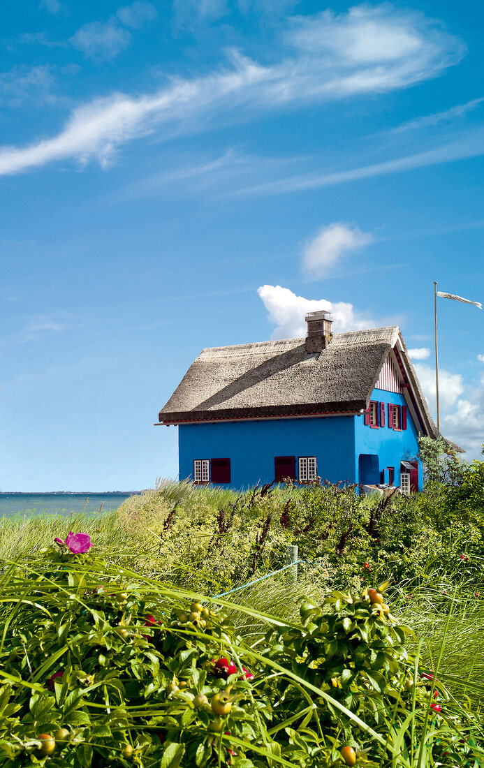 Facade of graswarder blue house on beach at Baltic Sea Coast, Germany