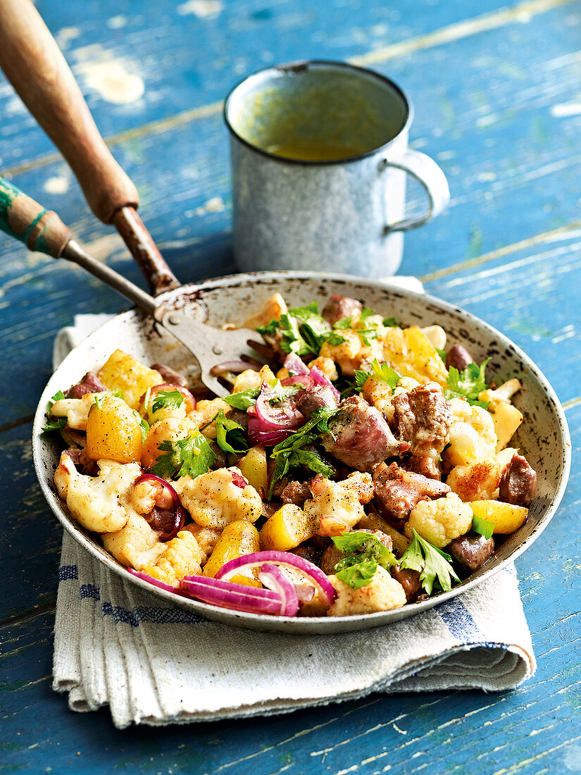 Himmel auf Erden, Hühnerherzen Confit mit Kartoffeln und Rosenkohl