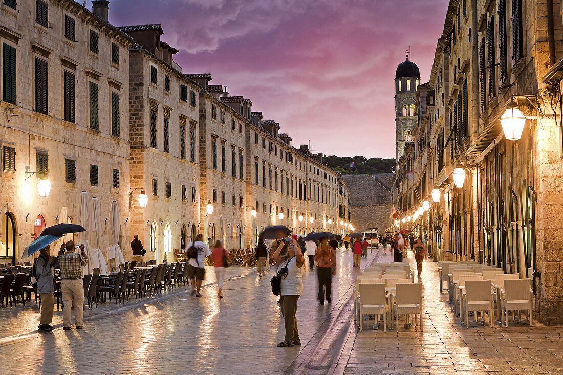 People in Stradun at old town in twilight, Dubrovnik, Croatia